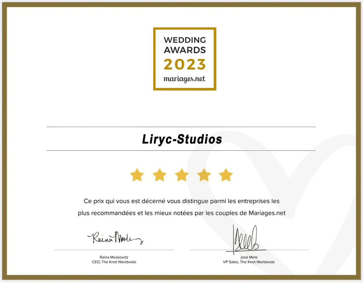 Certificat Wedding Awards 2023 Mariages.net décerné à Liryc-Studios