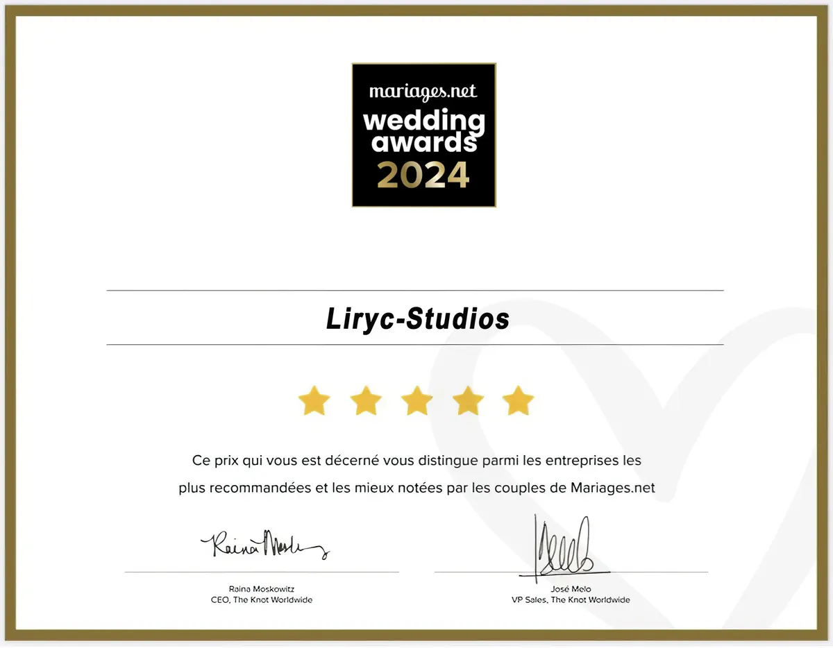Certificat Wedding Awards 2024 Mariages.net décerné à Liryc-Studios