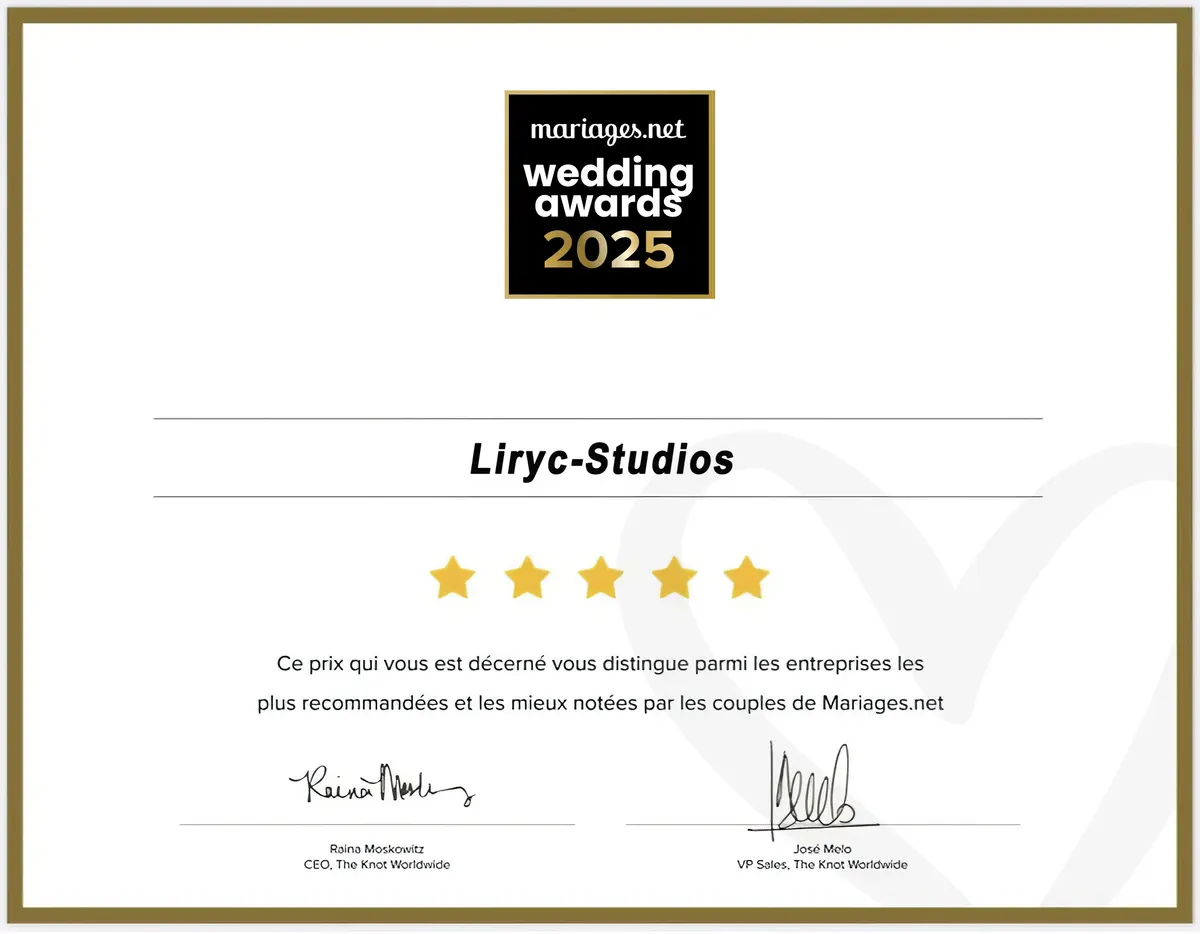 Certificat Wedding Awards 2025 Mariages.net décerné à Liryc-Studios