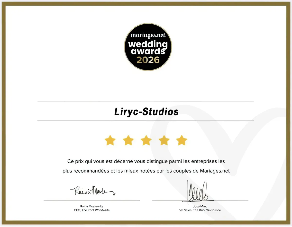 Certificat Wedding Awards 2026 Mariages.net décerné à Liryc-Studios